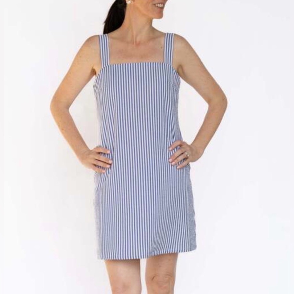 For Cynthia Linen Blend Striped Knee Length Shift Dress M